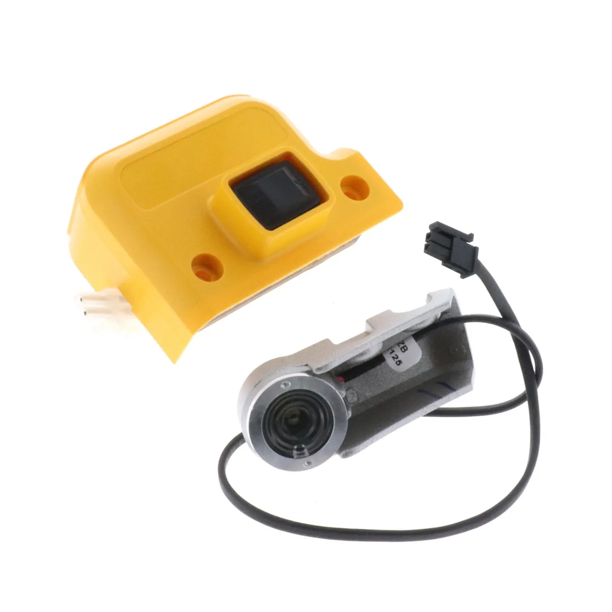 The image displays a disassembled car rearview camera system against a plain white background. It consists of a yellow…