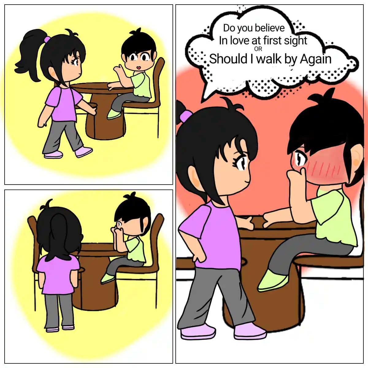 A four-panel comic shows a girl walking past a boy at a table. In the first panel, she approaches him; in the second, she…