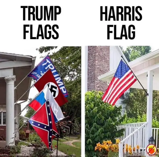 The image is split into two panels. The left panel shows a house with multiple flags on a pole, including a Trump flag, a…