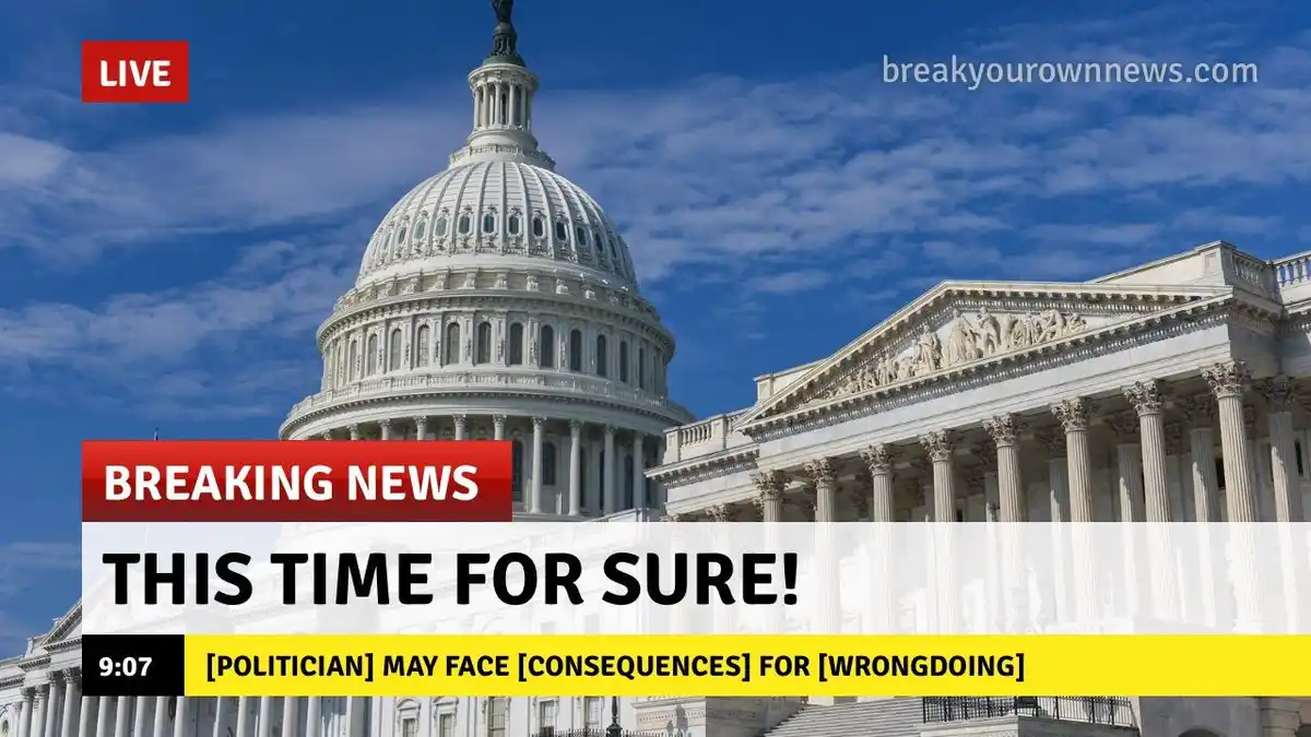 The image shows the U.S. Capitol building under a blue sky with clouds. Overlaid text mimics a breaking news broadcast…