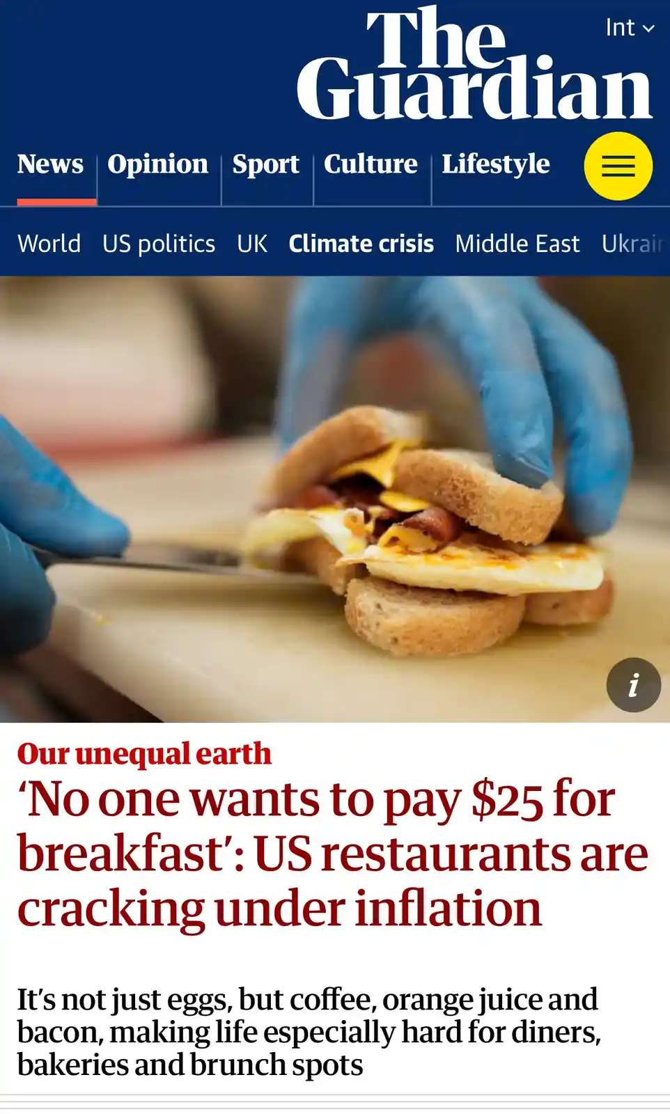 The image shows a screenshot of The Guardian's news website with a headline about inflation affecting breakfast prices. The…