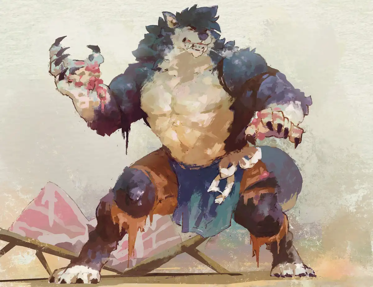 A muscular, anthropomorphic wolf with dark blue fur and a smug expression sits on a beach chair, covered in pink and brown…