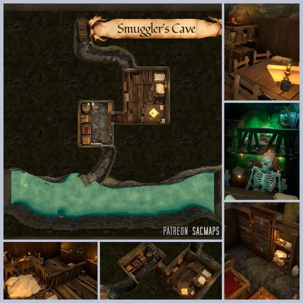 A collage of images showcasing a detailed fantasy dungeon map titled 'Smuggler's Cave' with various interior views including…