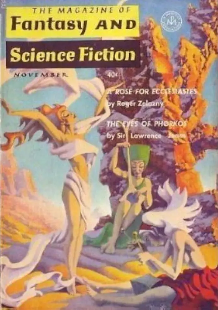 The image is a vintage cover of 'The Magazine of Fantasy and Science Fiction' from November, featuring a dramatic fantasy…