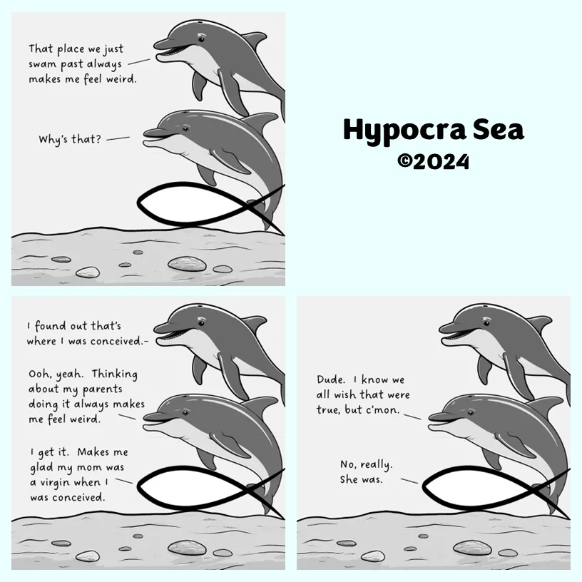 A four-panel comic strip featuring two cartoon dolphins having a conversation. In the first panel, one dolphin says a place…