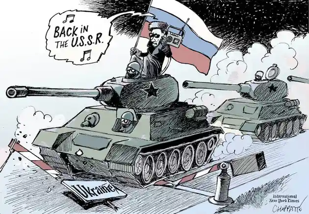 A cartoon depicts a tank with a Soviet-style star emblem driving through a barrier labeled 'Ukraine', with a man atop the…