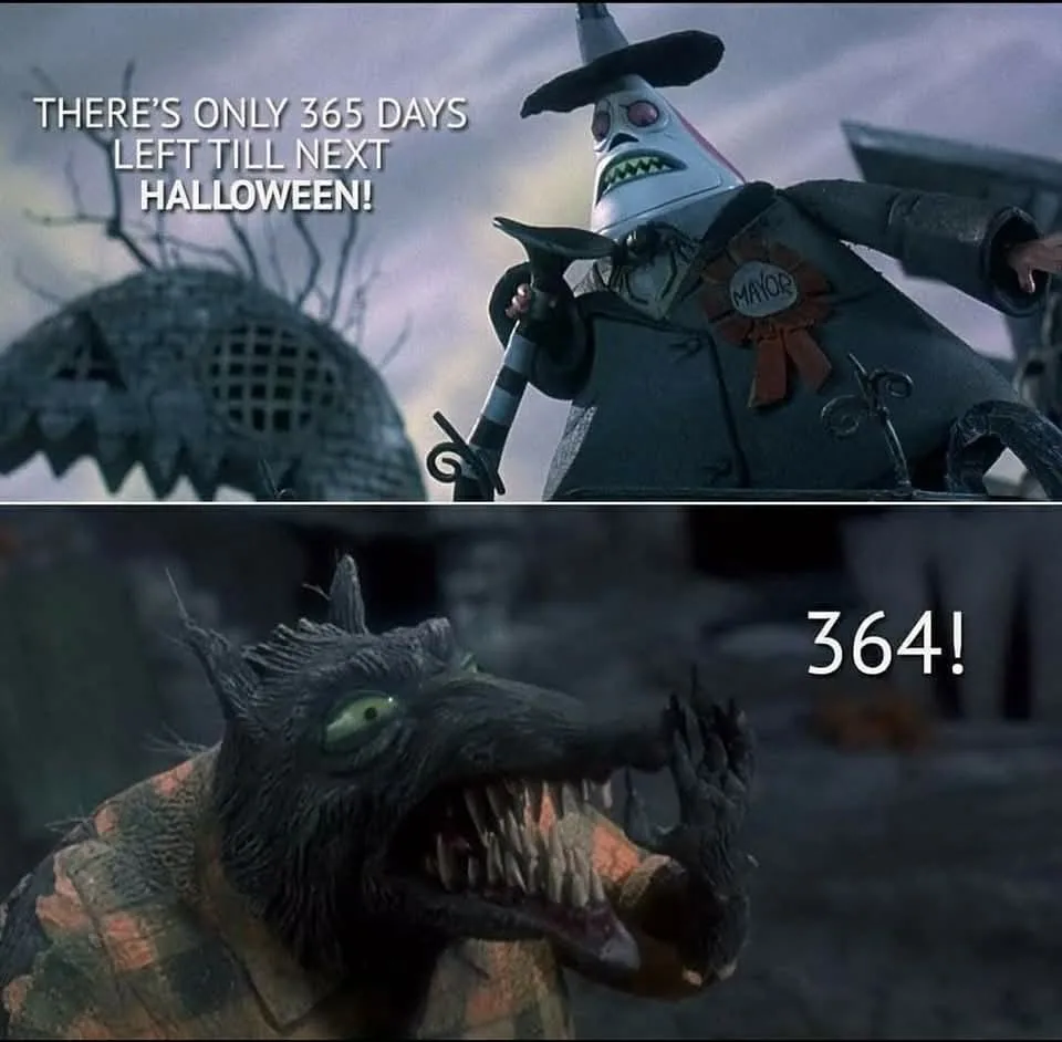 The top panel shows Jack Skellington, the mayor of Halloween Town, holding a horn and exclaiming 'THERE'S ONLY 365 DAYS LEFT…