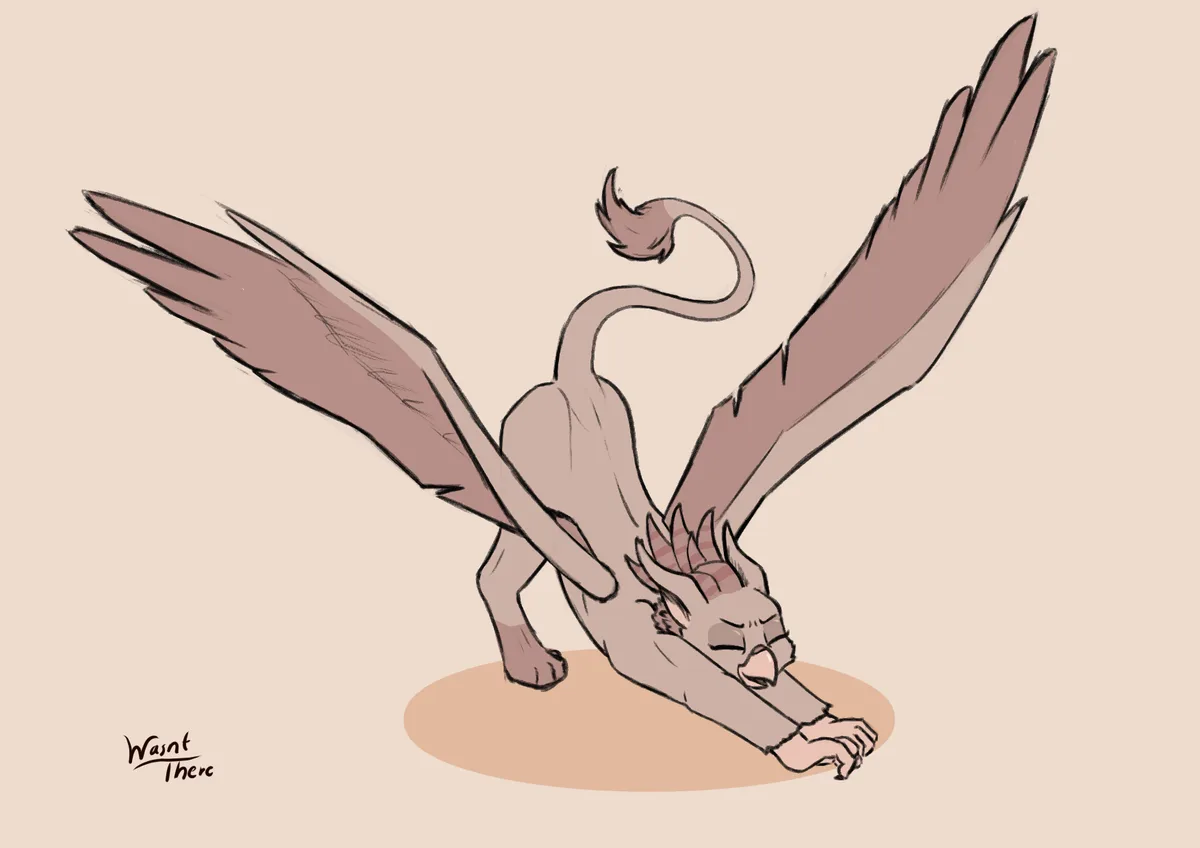 A cartoon griffin with large wings and a lion-like body is stretched out on the ground, appearing very tired or sleepy, with…