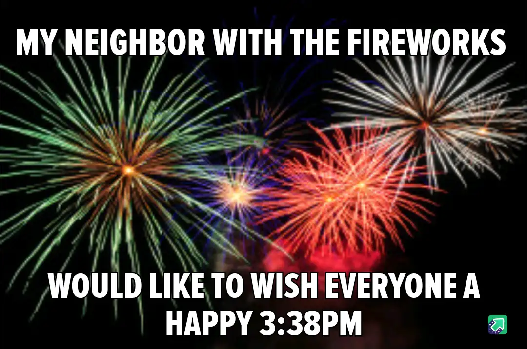 The image displays a nighttime sky filled with colorful fireworks, including green, red, and white bursts against a black…