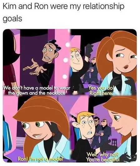 A four-panel comic strip from the animated series 'Kim Possible' shows Ron Stoppable protesting that he's not a model, while…