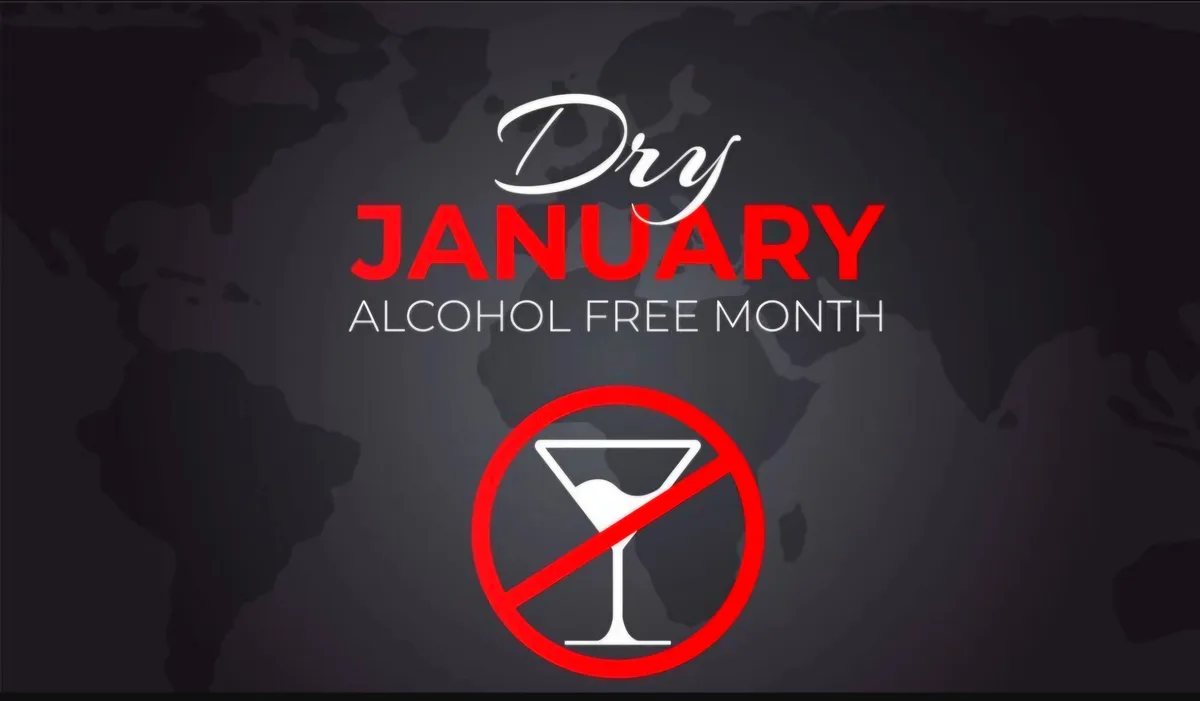 A promotional graphic with a dark world map background features the text 'Dry JANUARY' in large red and white fonts…