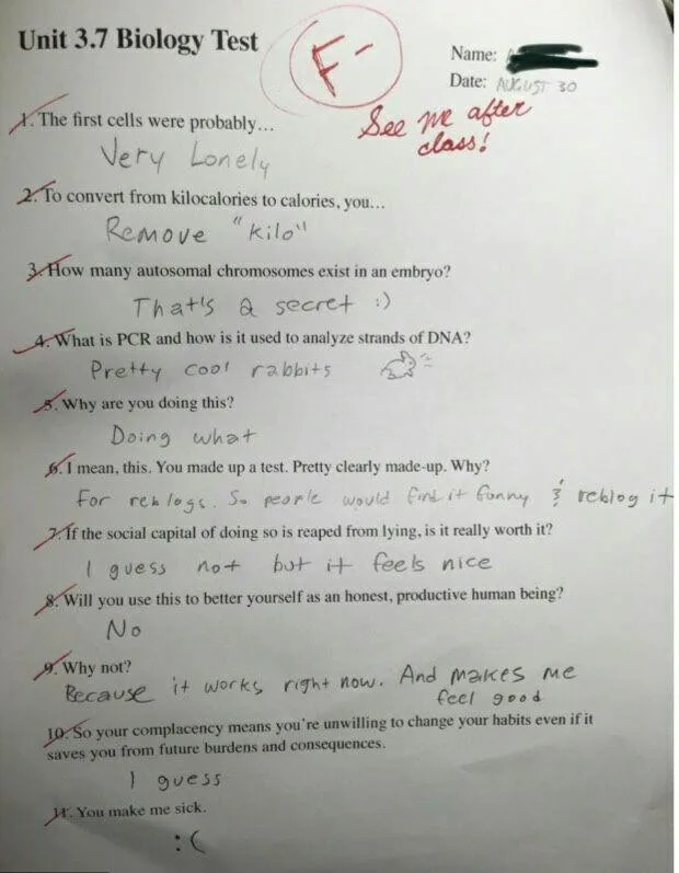A biology test paper with a failing grade (F-) and a note 'See me after class!' The student's answers are humorous and…