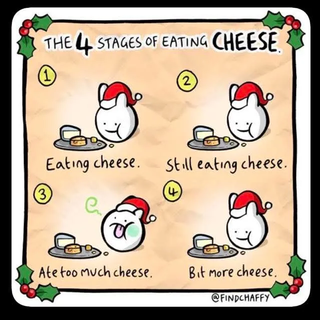 A cartoon illustration titled 'THE 4 STAGES OF EATING CHEESE' shows a white, round character wearing a red Santa hat in four…