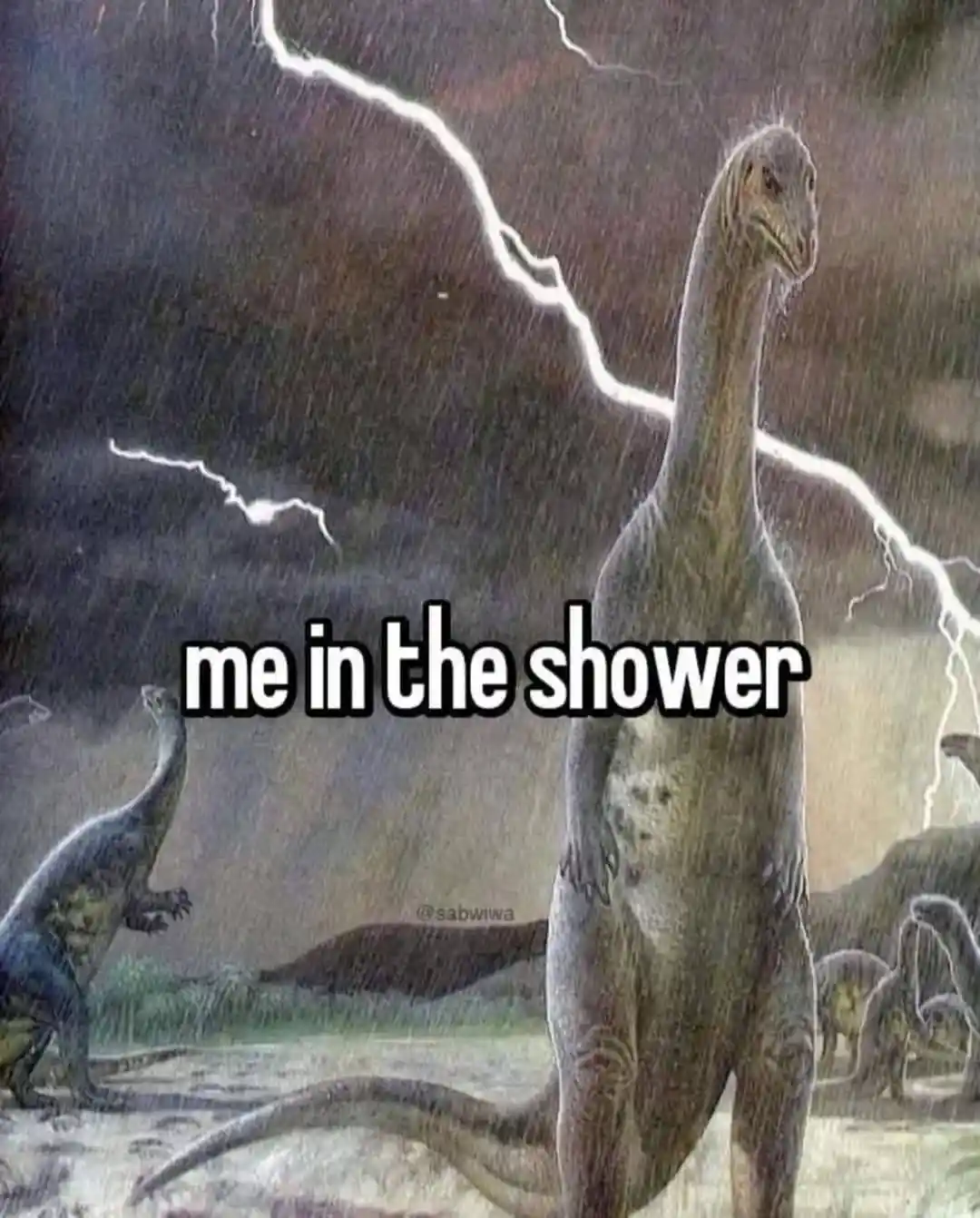 A dramatic painting of a long-necked dinosaur standing upright in a storm with lightning and rain, overlaid with the text…