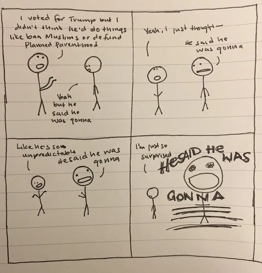 A four-panel hand-drawn comic on lined paper featuring stick figures. The first panel shows one figure saying they voted for…