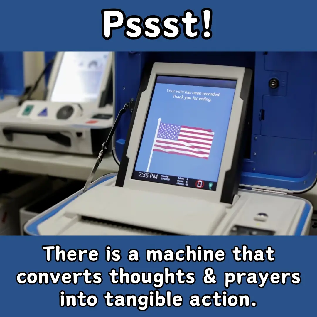 A close-up photo of a blue and white electronic voting machine with its screen open, displaying the message 'Your vote has…