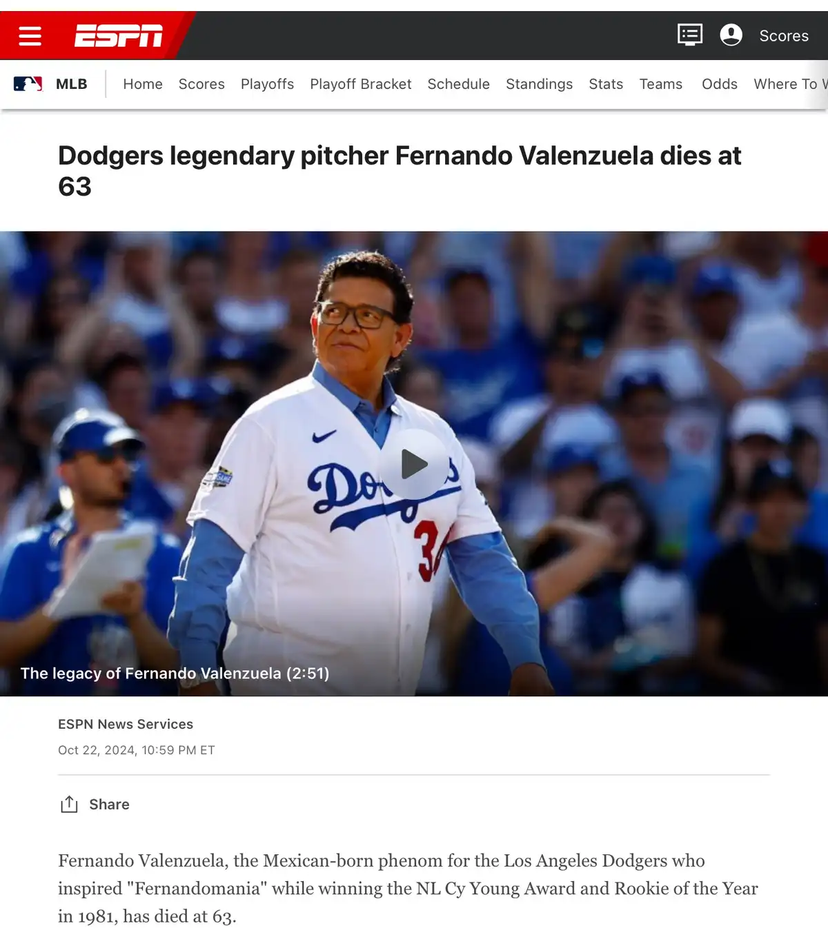 An ESPN news article screenshot shows a photo of Fernando Valenzuela in a white Los Angeles Dodgers jersey with blue sleeves…
