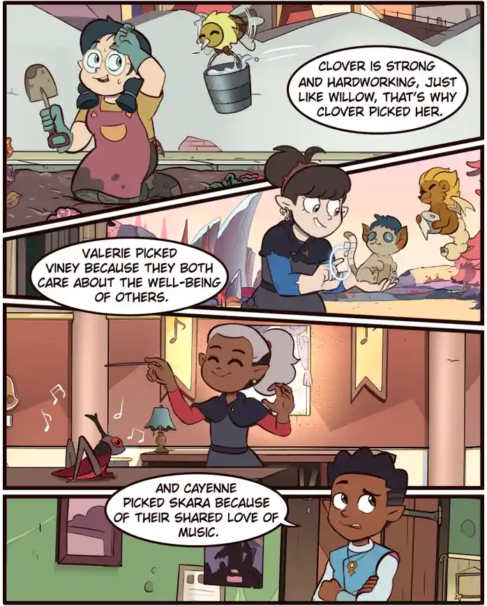 A four-panel comic strip from 'The Owl House' shows characters explaining why they chose their pets based on shared traits…