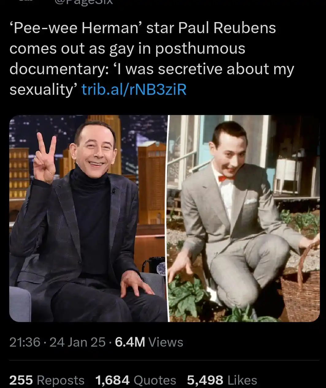 The image displays a split-screen of Paul Reubens: on the left, he smiles and makes a peace sign while seated in a modern…
