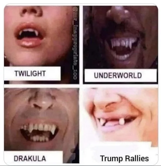 A four-panel image compares vampire-like smiles: top-left shows a person with fangs labeled 'TWILIGHT', top-right a vampire…