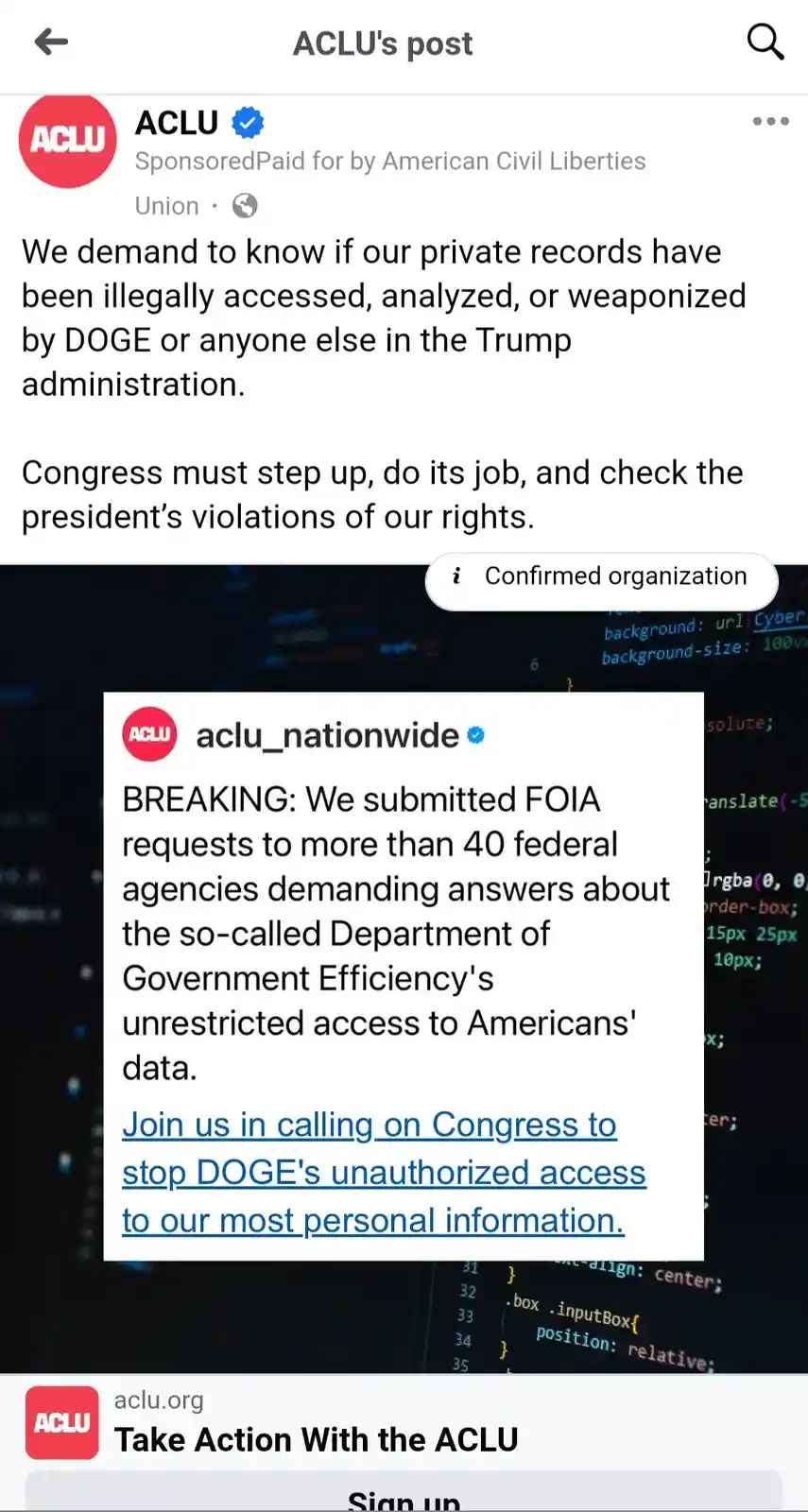 A screenshot of an ACLU Facebook post that humorously misrepresents a real FOIA request by substituting 'DOGE' for…