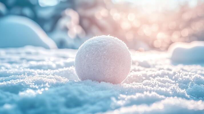 A close-up photograph shows a perfectly round, textured snowball resting on a bed of snow under soft, warm sunlight. The…