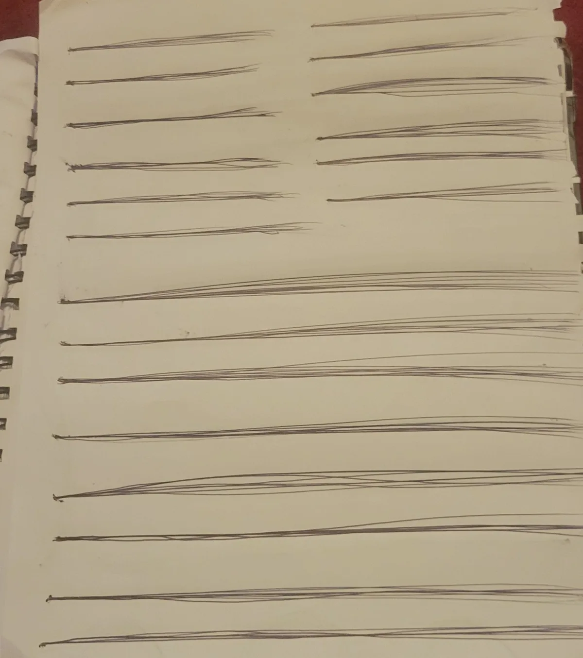 A spiral-bound notebook page shows numerous hand-drawn horizontal lines in pencil, most of which are visibly wobbly, uneven…