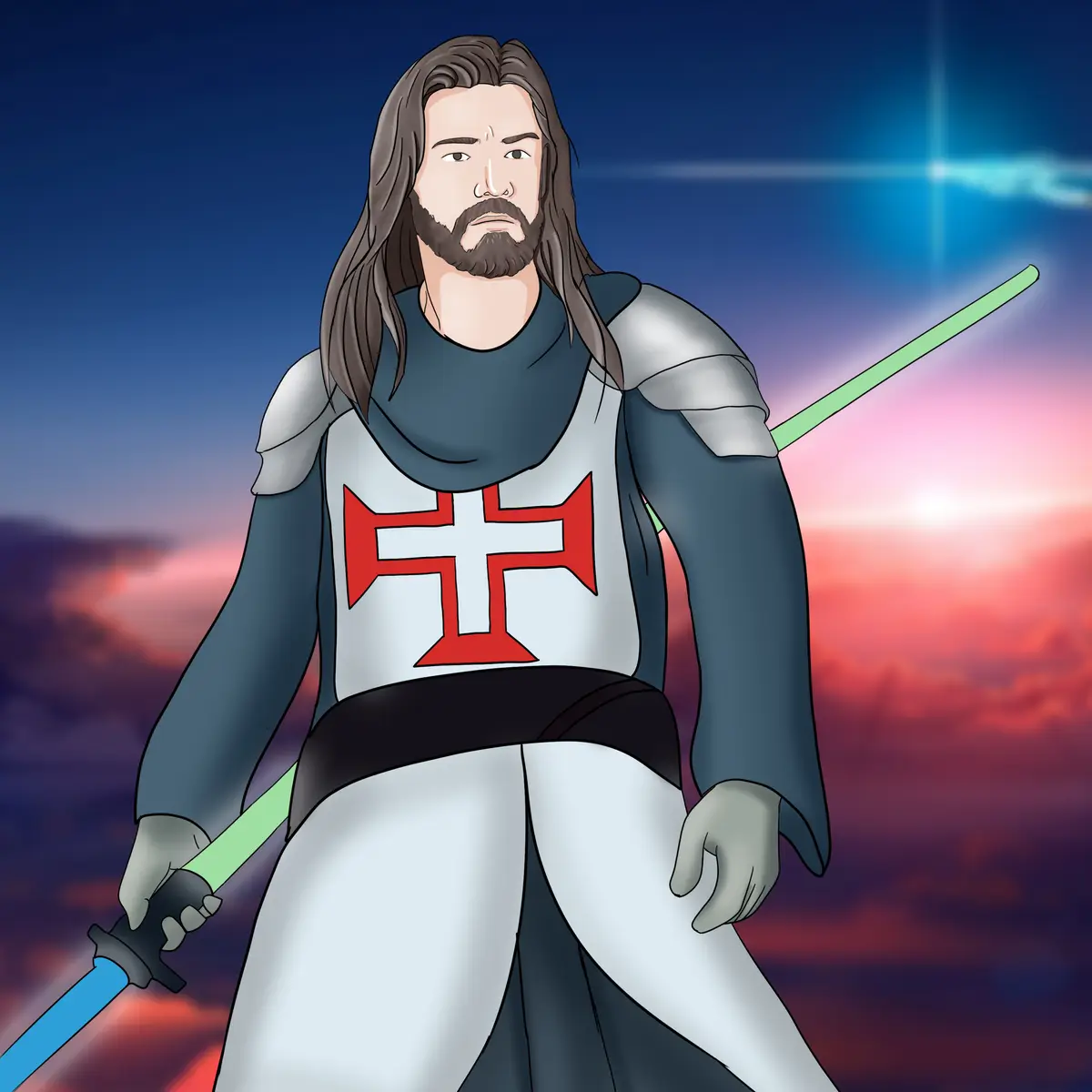 A digitally drawn image shows a man with long brown hair and a beard, wearing white and grey knight armor with a red and…