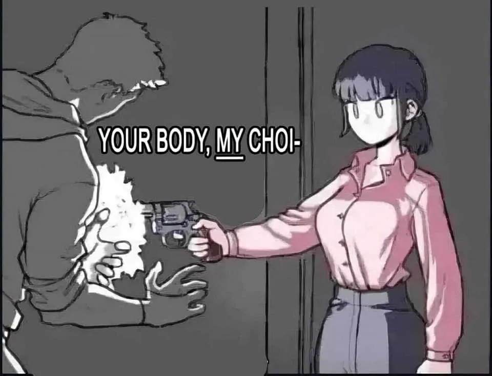 A woman in a pink shirt holds a gun to a man's chest as he recoils, with the text 'YOUR BODY, MY CHOI-' overlaid. The man is…