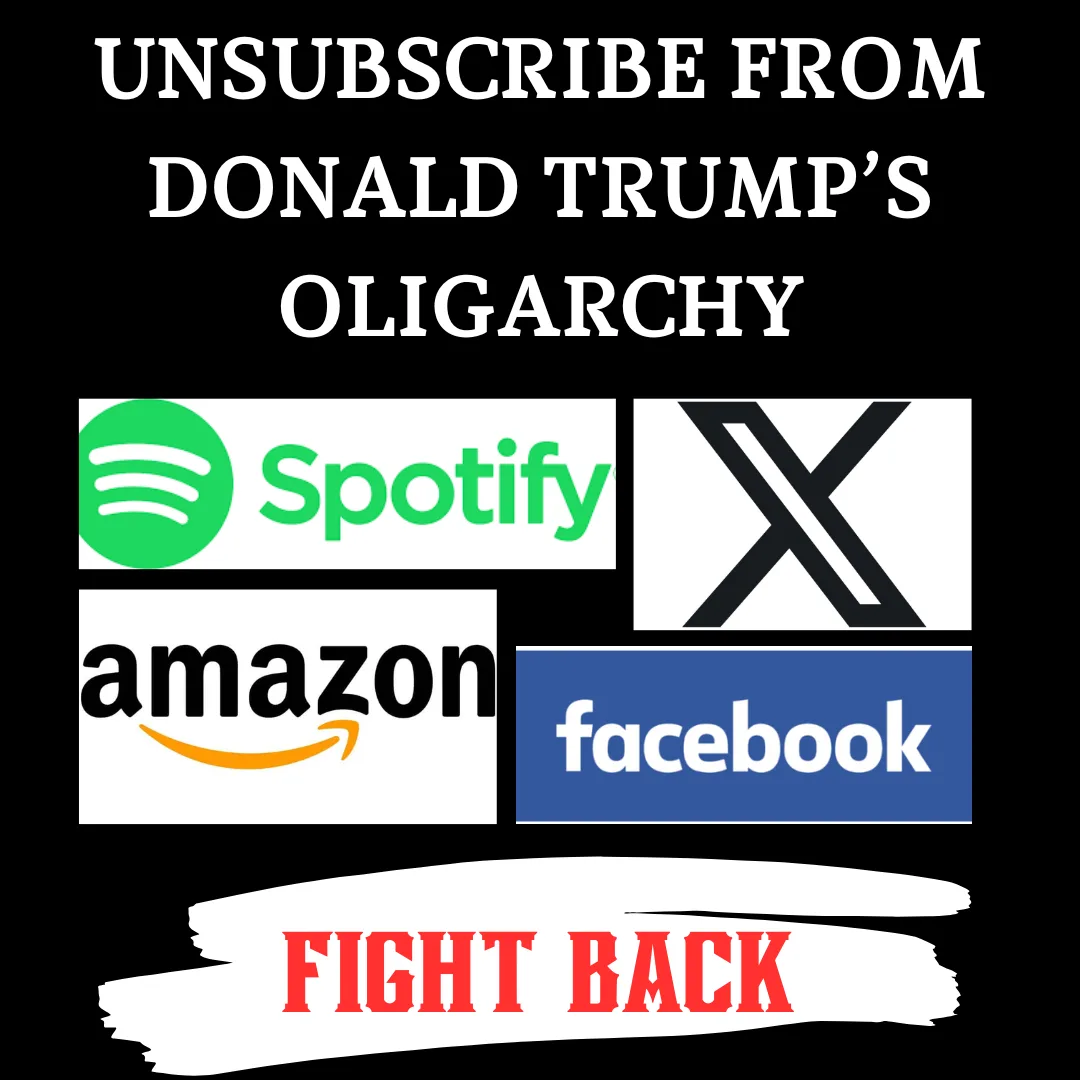 A black background image displays the text 'UNSUBSCRIBE FROM DONALD TRUMP'S OLIGARCHY' at the top, followed by logos for…