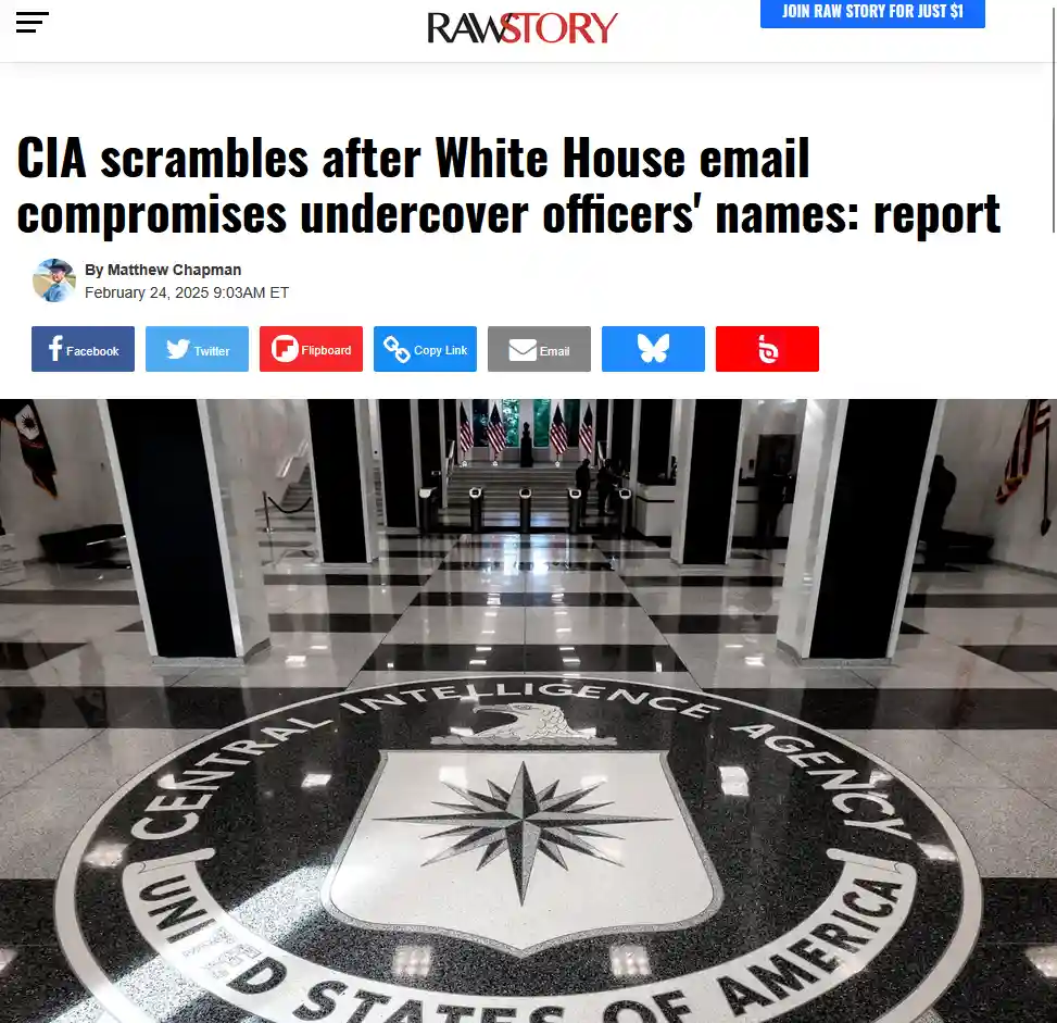 A screenshot of a Raw Story news article with the headline 'CIA scrambles after White House email compromises undercover…