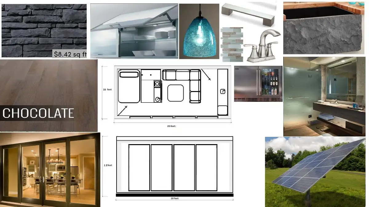 A collage of luxury home design elements including stone wall, pull-down cabinet, blue pendant light, faucet, sink, wood…