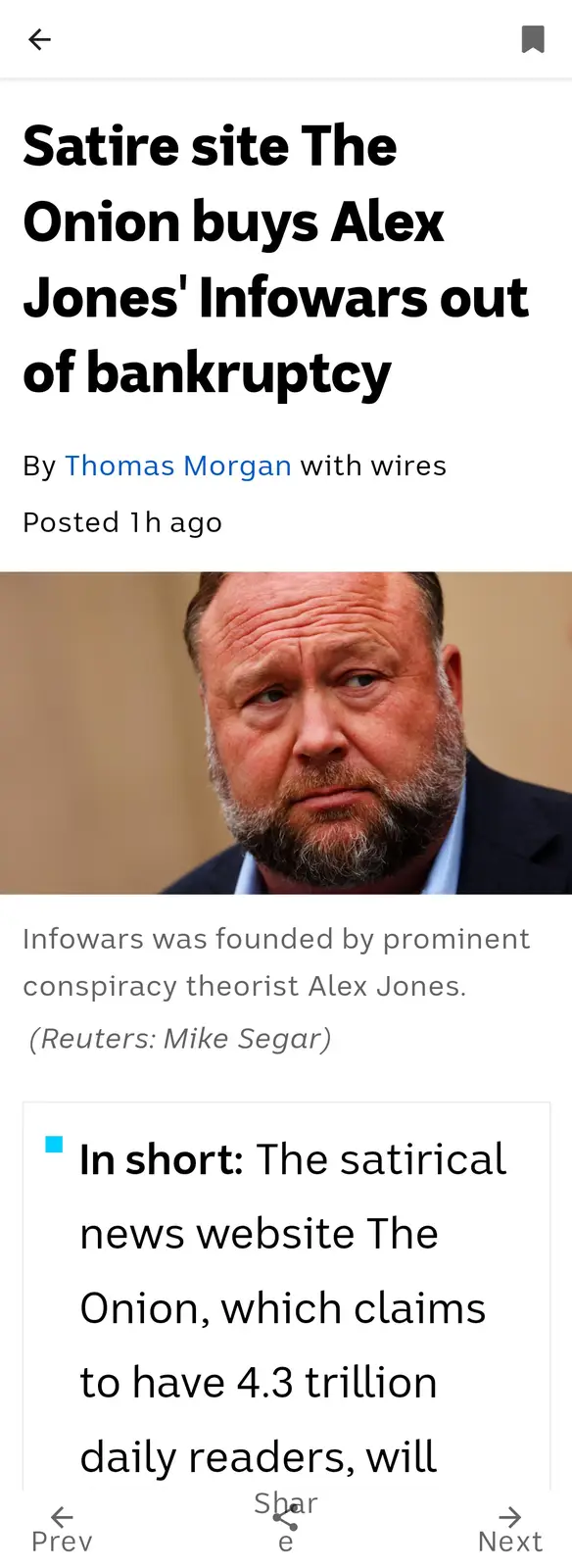 The image displays a screenshot of a satirical news article from The Onion, featuring a photo of Alex Jones. The headline…
