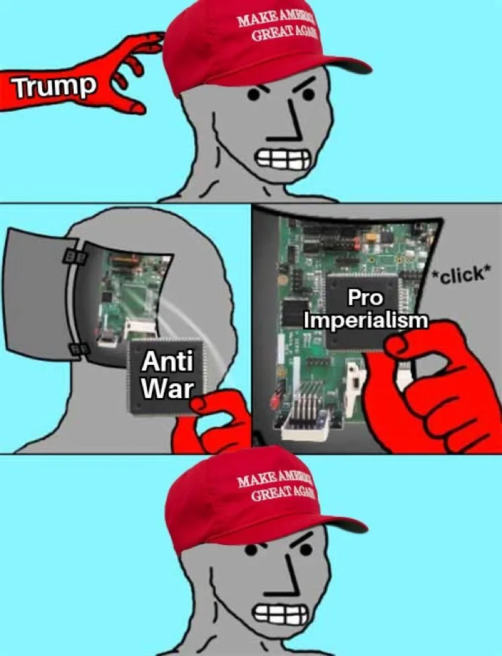 A three-panel meme shows a gray cartoon man wearing a red 'MAKE AMERICA GREAT AGAIN' cap. In the top panel, a red hand…