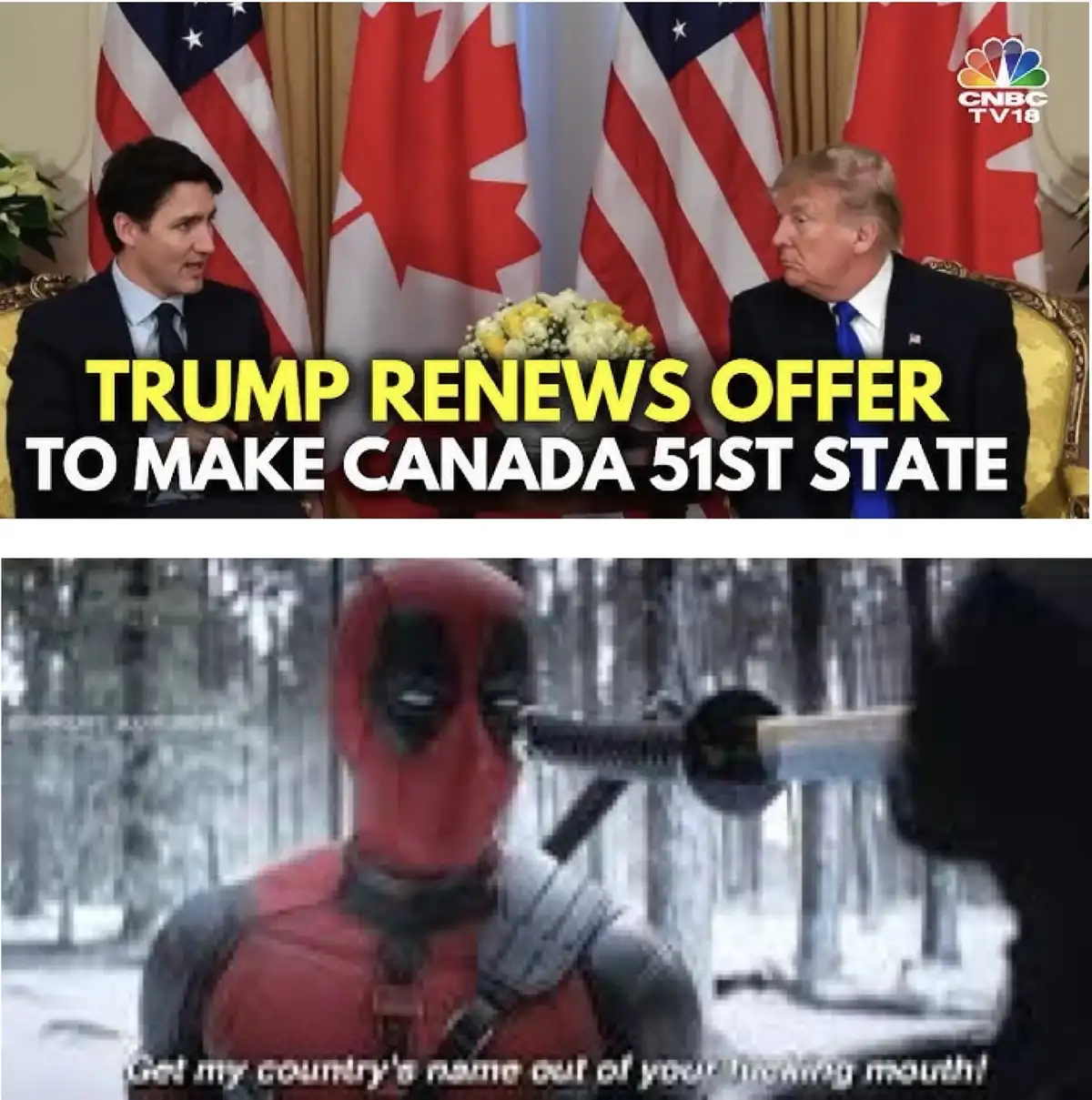 The top panel shows two men in suits seated across from each other with American and Canadian flags behind them, overlaid…