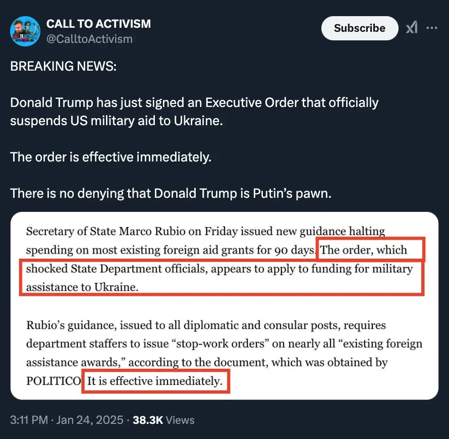 A screenshot of a social media post from 'CALL TO ACTIVISM' falsely claims Donald Trump signed an executive order suspending…