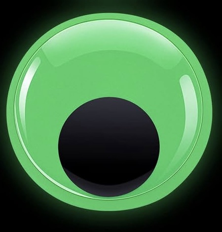 A large, glossy green cartoon eyeball with a black pupil stares forward against a black background. Overlaid text reads 'i'm…