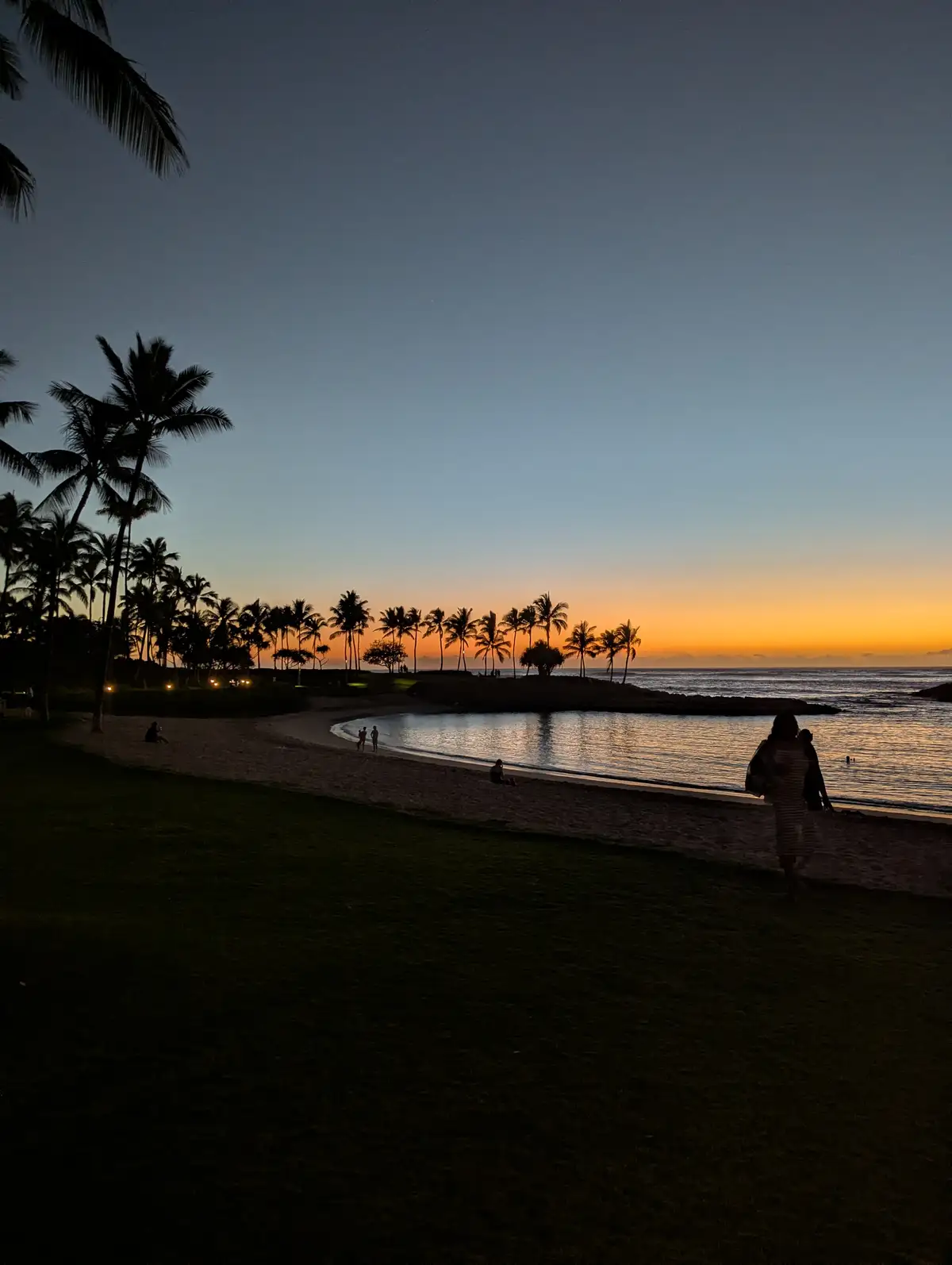A serene tropical beach at dusk with silhouetted palm trees, calm water reflecting the orange and blue sky, and people…