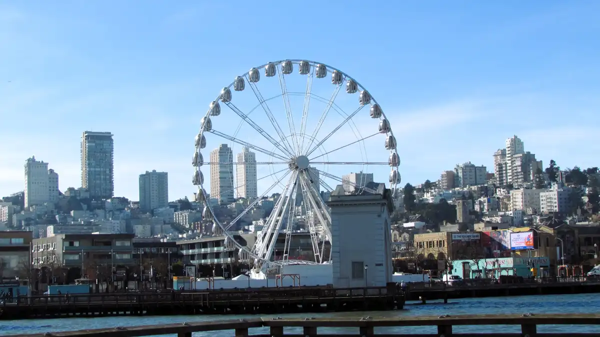 A wide shot of the San Francisco waterfront on a clear day, featuring the large white Ferris wheel at the center, with the…