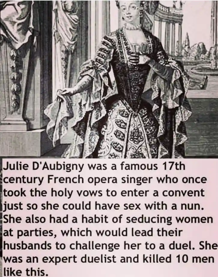 A black-and-white historical illustration depicts a woman in ornate 17th-century French attire, standing indoors near…