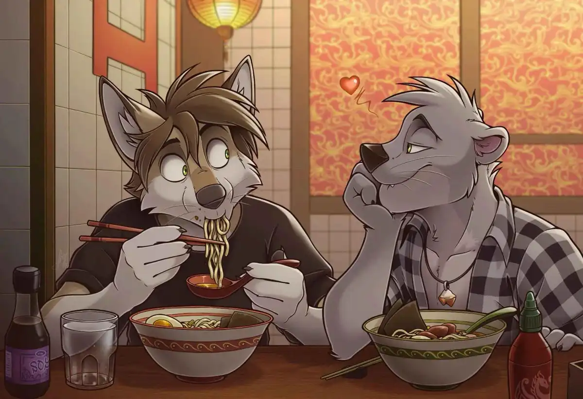 Two anthropomorphic wolf characters sit at a noodle restaurant table. The wolf on the left, with brown hair and green eyes…