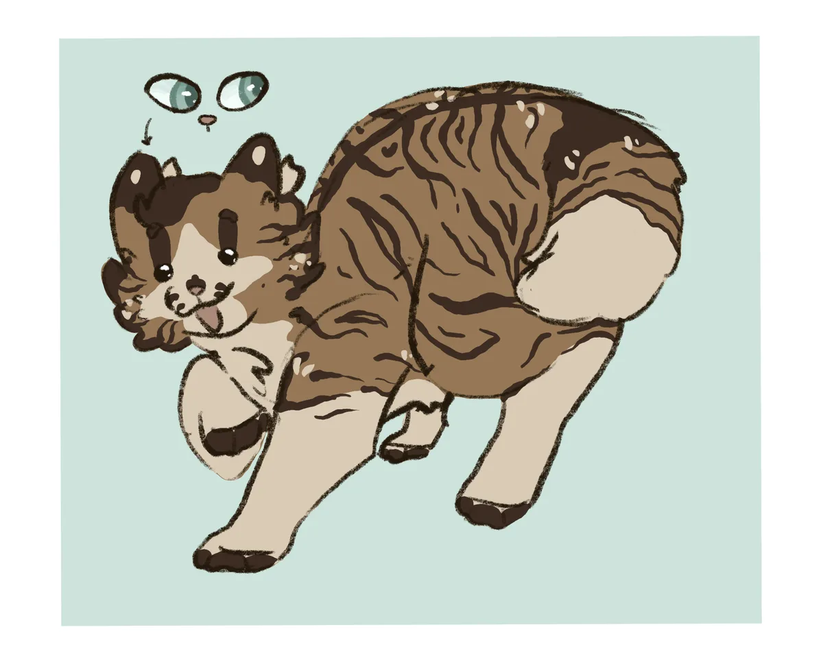 A cartoon cat with brown and cream fur is bent over, looking down at the ground with its tongue out, while a separate pair…