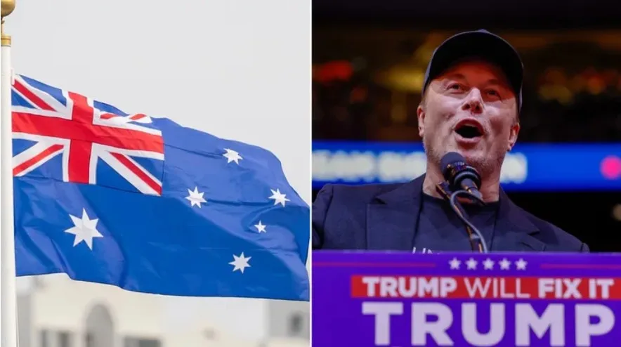 The image is a split-screen meme. On the left, the Australian flag is shown waving outdoors. On the right, Elon Musk is…