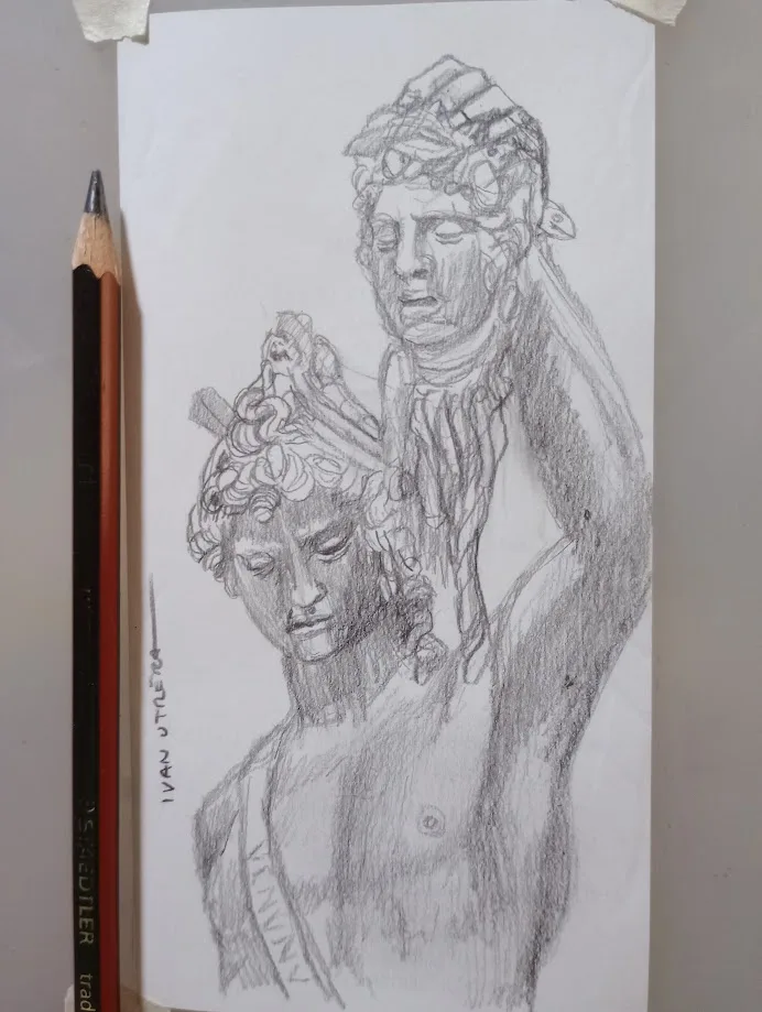 A pencil sketch of two classical-style figures, one standing behind the other, both with detailed hair and draped clothing…