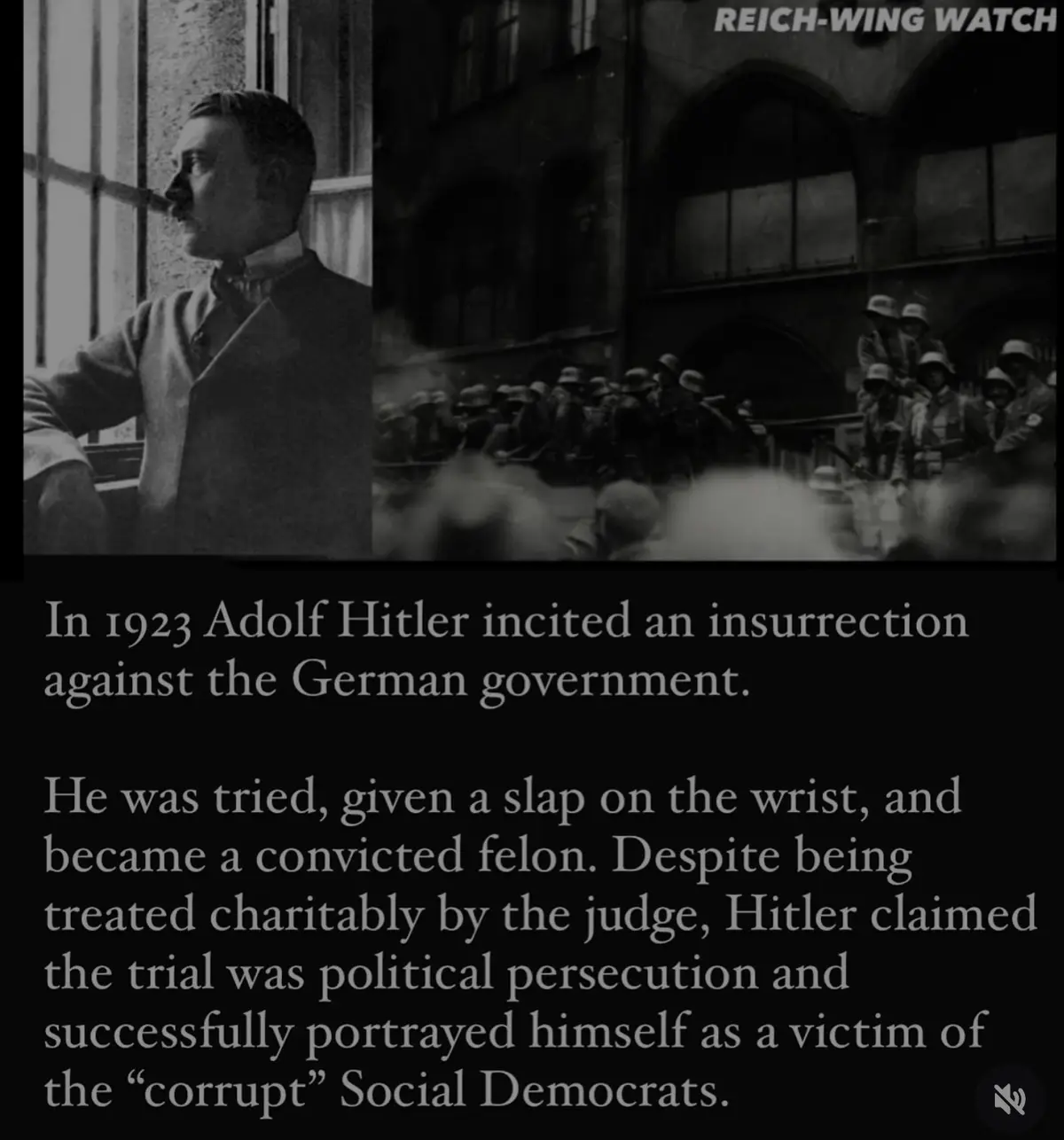 The image is a black-and-white split photo: left side shows Adolf Hitler smoking a pipe by a window, right side shows…