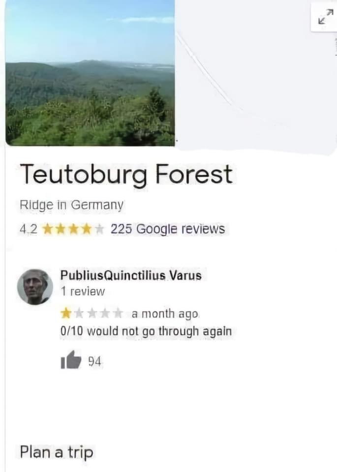 A Google Maps listing for Teutoburg Forest in Germany shows a scenic photo of green hills and forests. Below, a review by…
