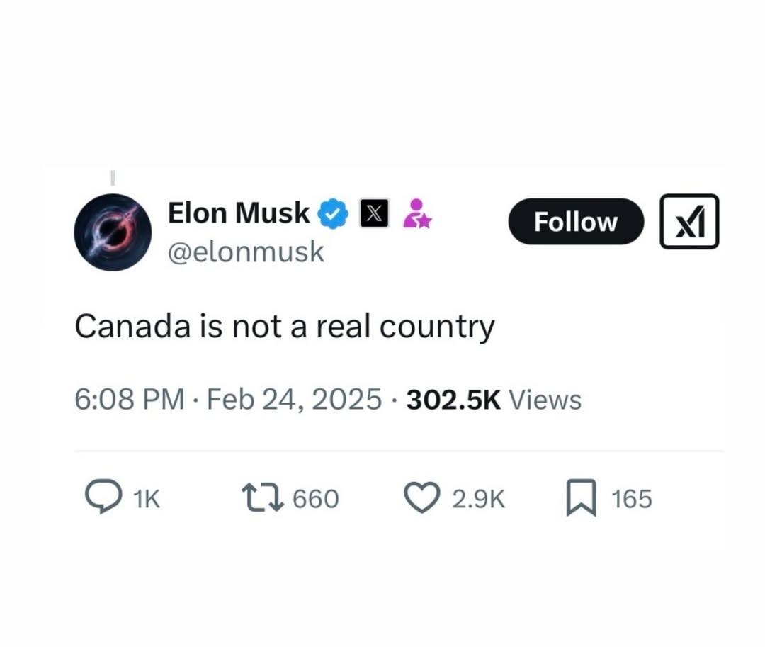 A screenshot of a fictional X (formerly Twitter) post by the verified account of Elon Musk, which reads 'Canada is not a…