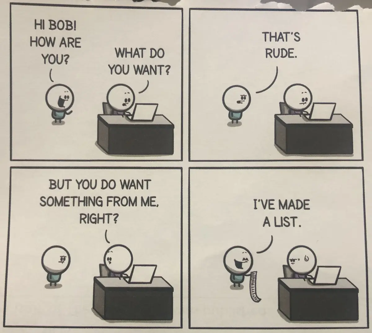 A four-panel comic strip featuring two minimalist cartoon characters. One character, Bob, is seated at a desk with a laptop…