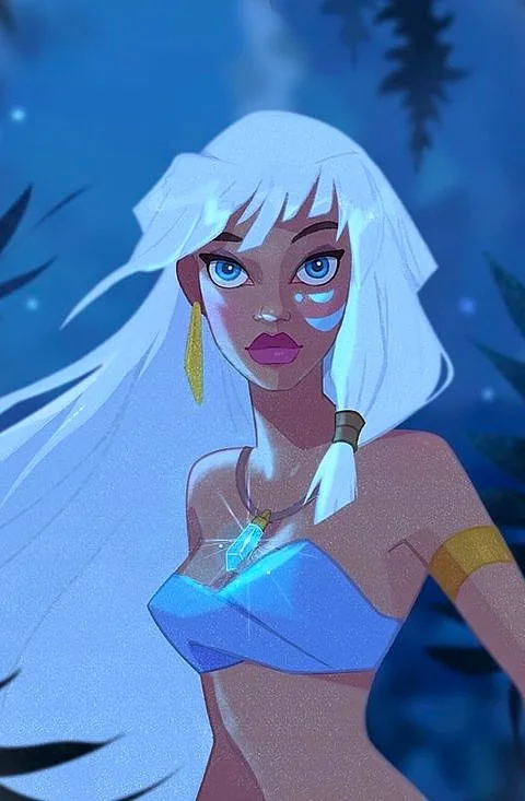 A stylized animated woman with long white hair, blue eyes, and a tear streaking down her cheek, wearing a blue top and gold…