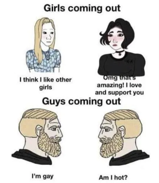The image is a four-panel meme comparing reactions to LGBTQ+ coming out. Top left shows a girl thinking 'I think I like…